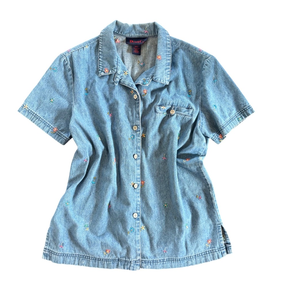 Vintage Denim & Co. Jean Floral Embroidered Short Sleeve Button‎ Down Small